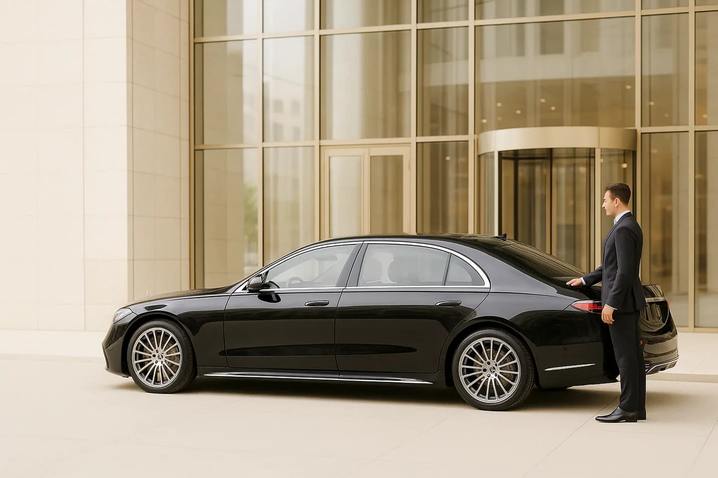 Mercedes S-Class W223 with driver near business centre